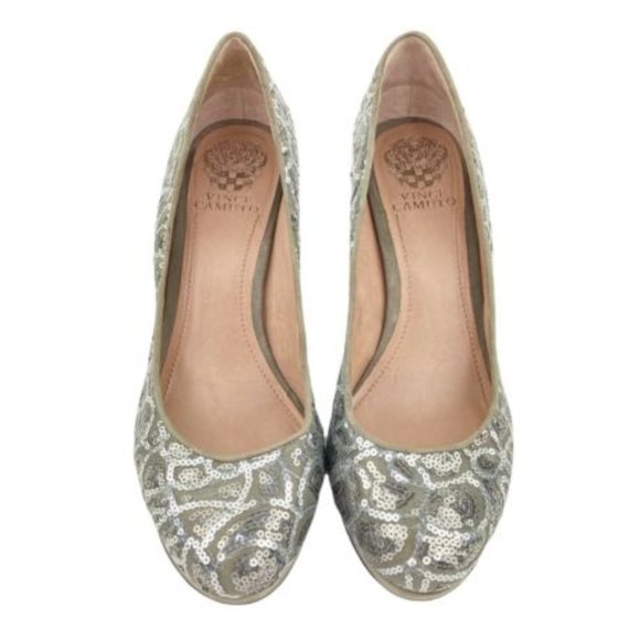 EUC Vince Camuto Silver Sequin Platform Stiletto Heel Shoes Womens Holiday Heels - Picture 2 of 14
